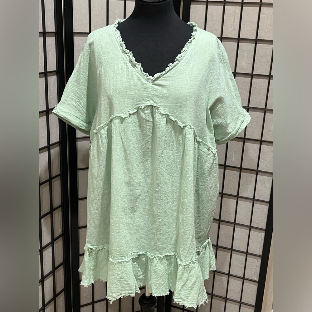 Listicle Mint Green GAUZE SHORT SLEEVE TIERED BABYDOLL MINI DRESS WOMEN SIZE M